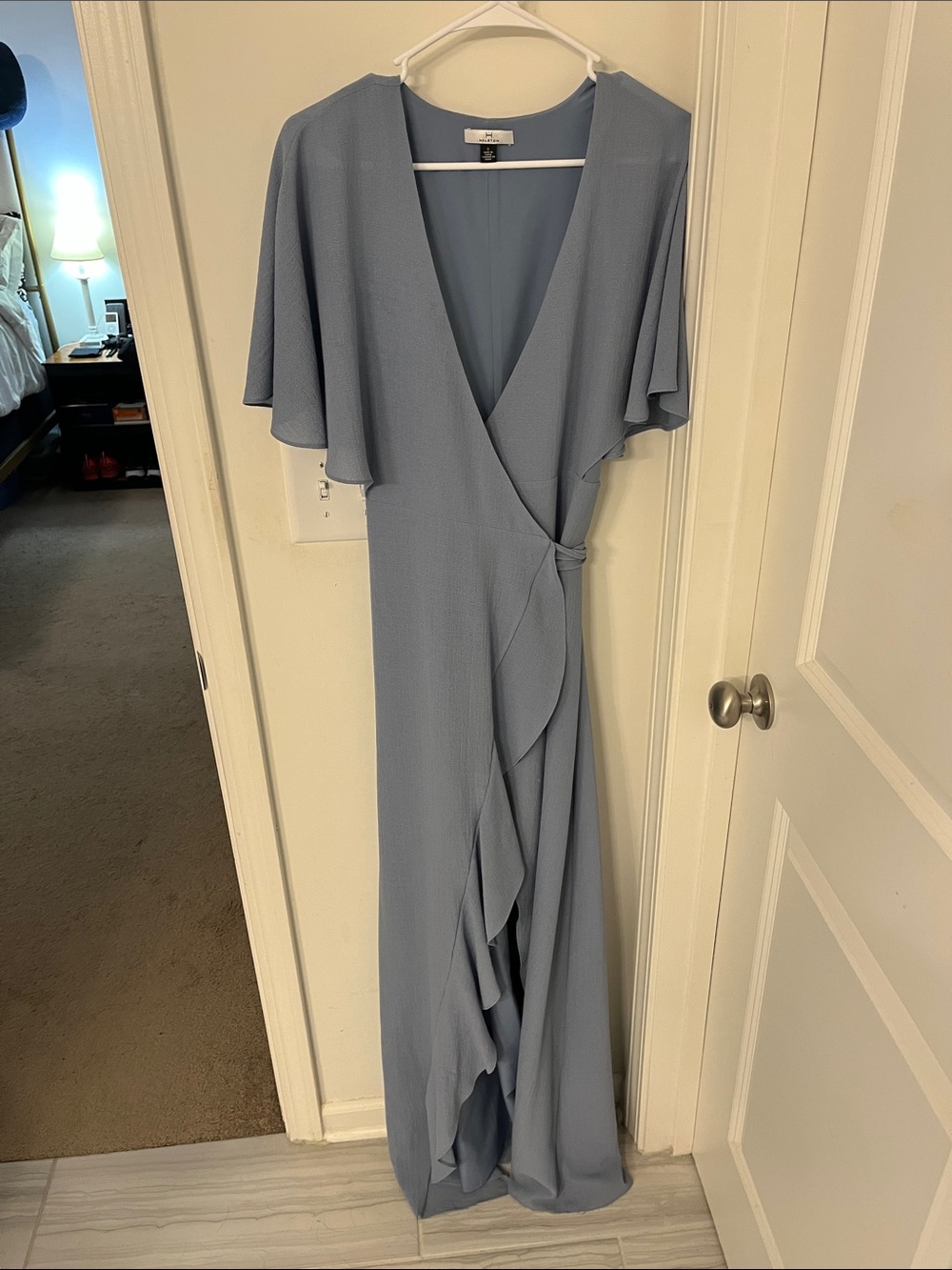 H by Halston Dusty Blue Flutter-Sleeve Wrap Maxi Dress